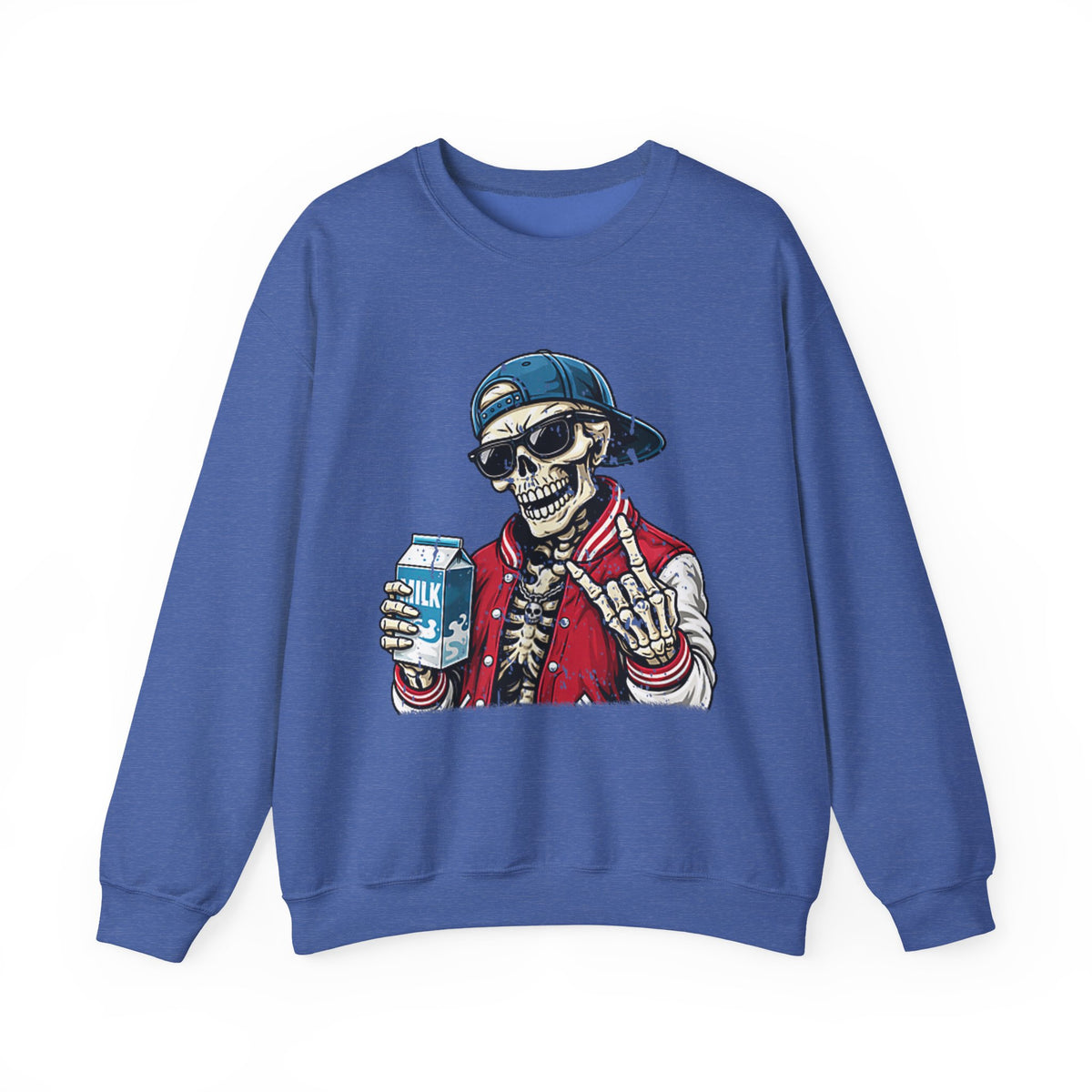 Skull Milk Crewneck Sweatshirt — Retro Skateboarding Skeleton Design