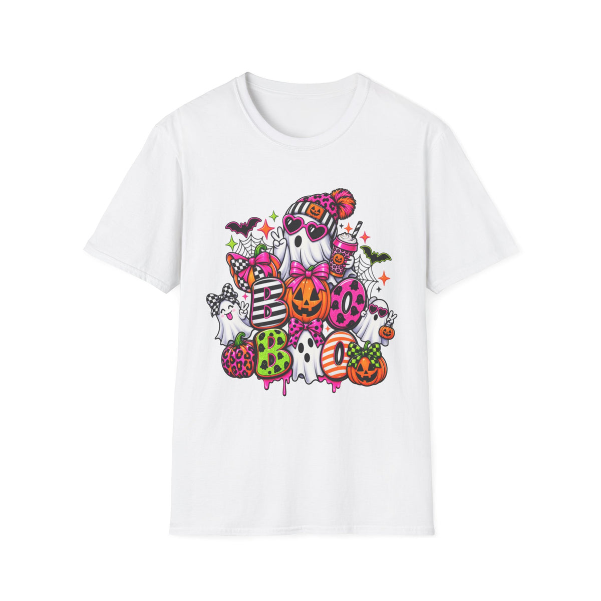 Cute Halloween Ghosts T-Shirt — Colorful Pumpkin & Candy Skull Graphic