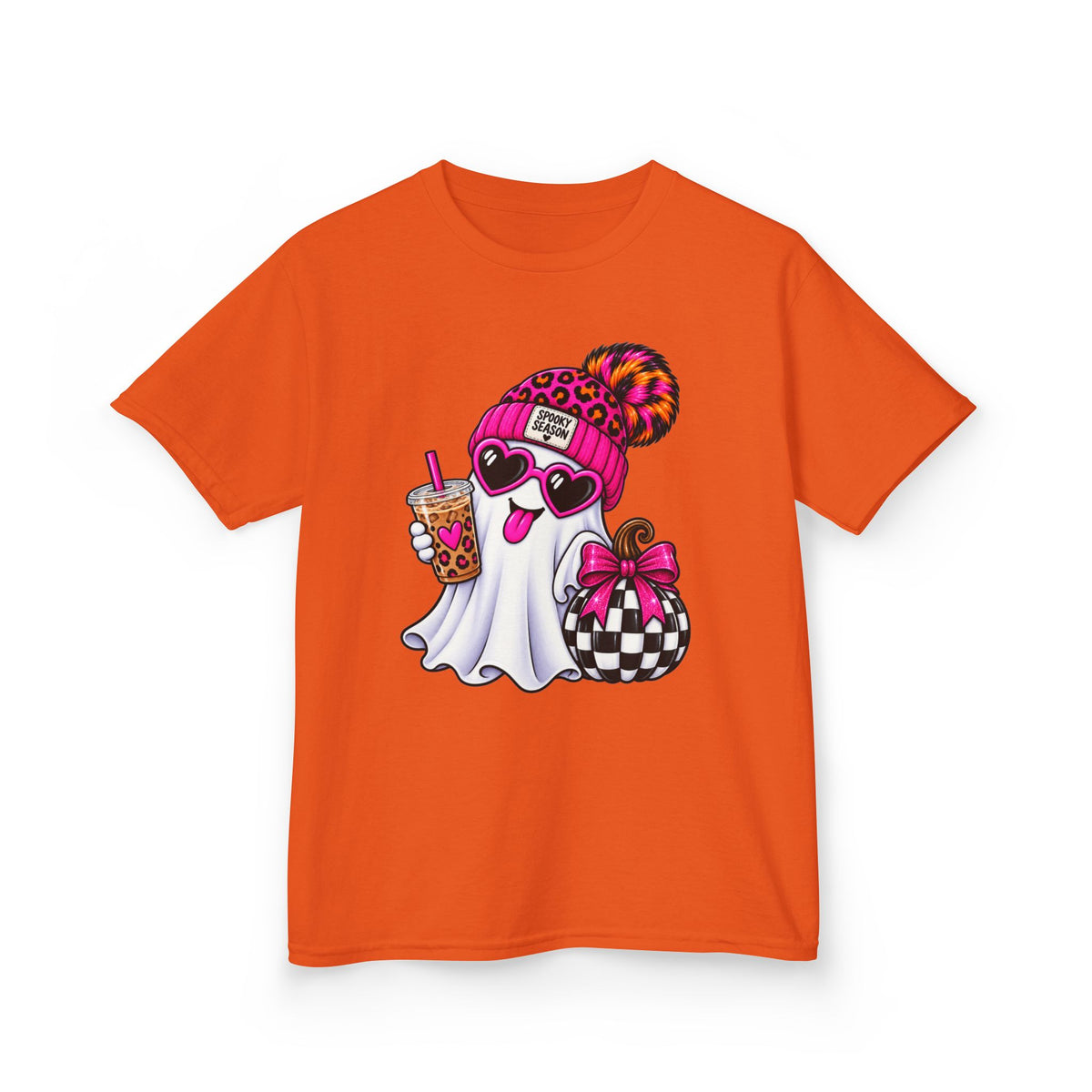Kids Tee — Cute Halloween Ghost with Leopard Beanie, Boba & Gift