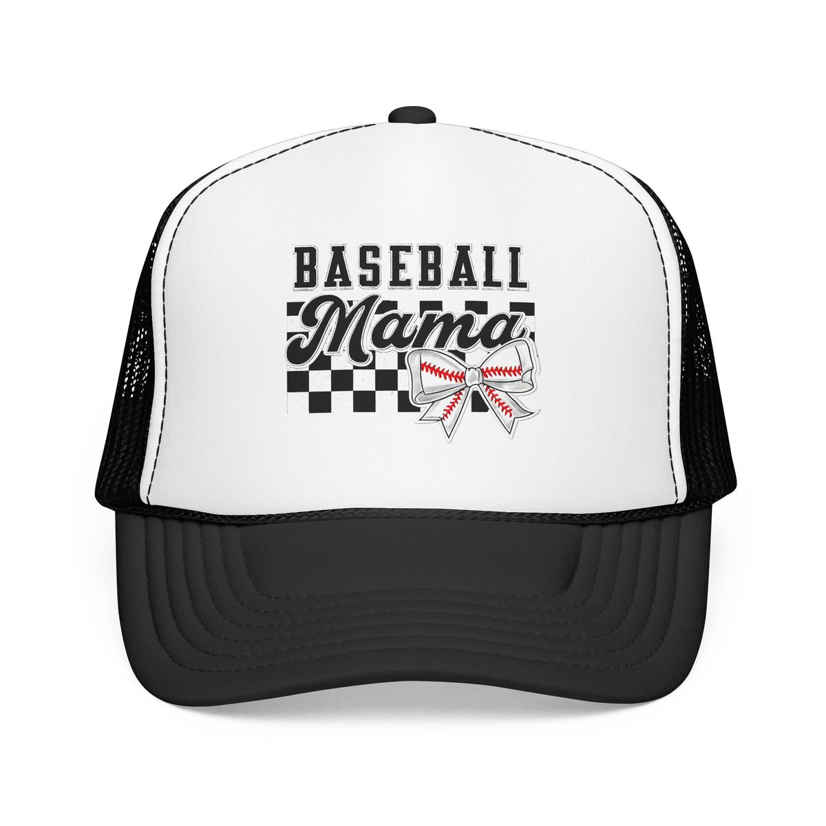 Baseball Mama Trucker Hat – Mom Cap with Checkerboard & Bow