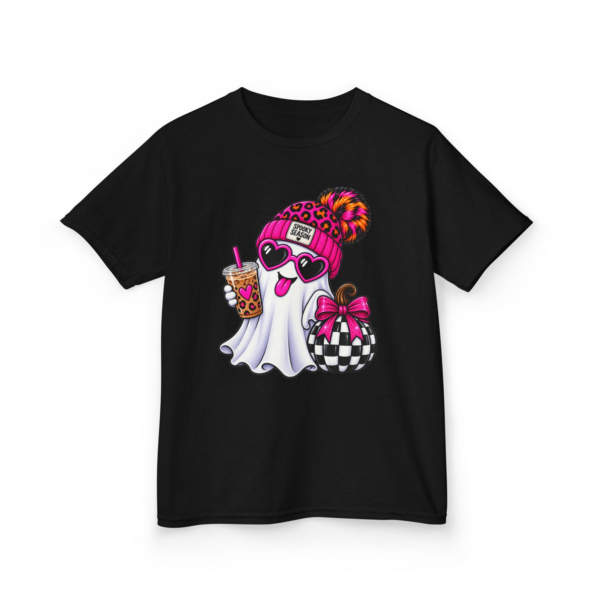 Kids Tee — Cute Halloween Ghost with Leopard Beanie, Boba & Gift