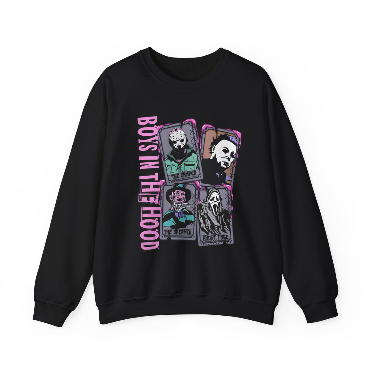 Horror Icons Crewneck Sweatshirt — "Boys in the Hood" Retro Slasher Graphic