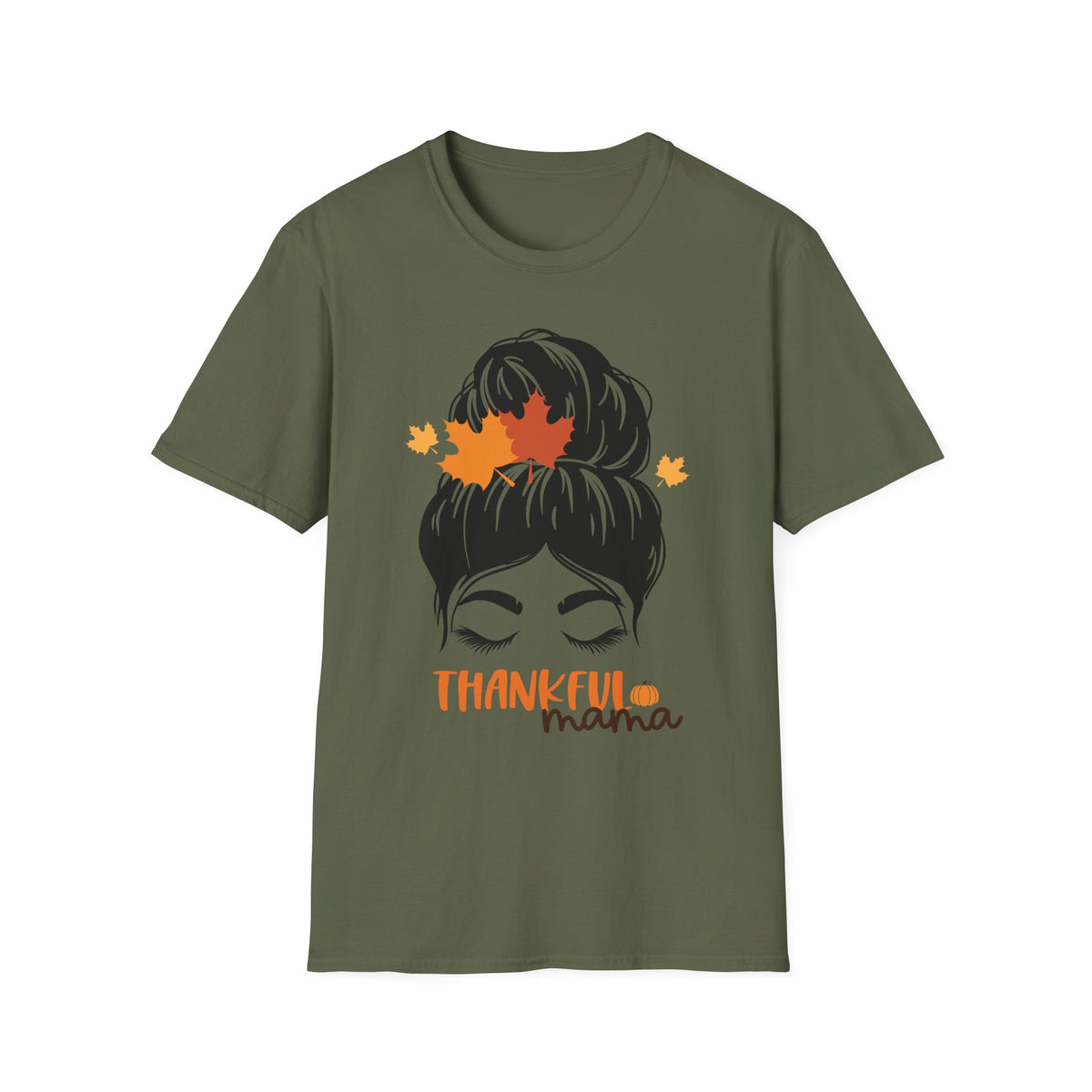 Thankful Mama T-Shirt — Messy Bun with Fall Leaves