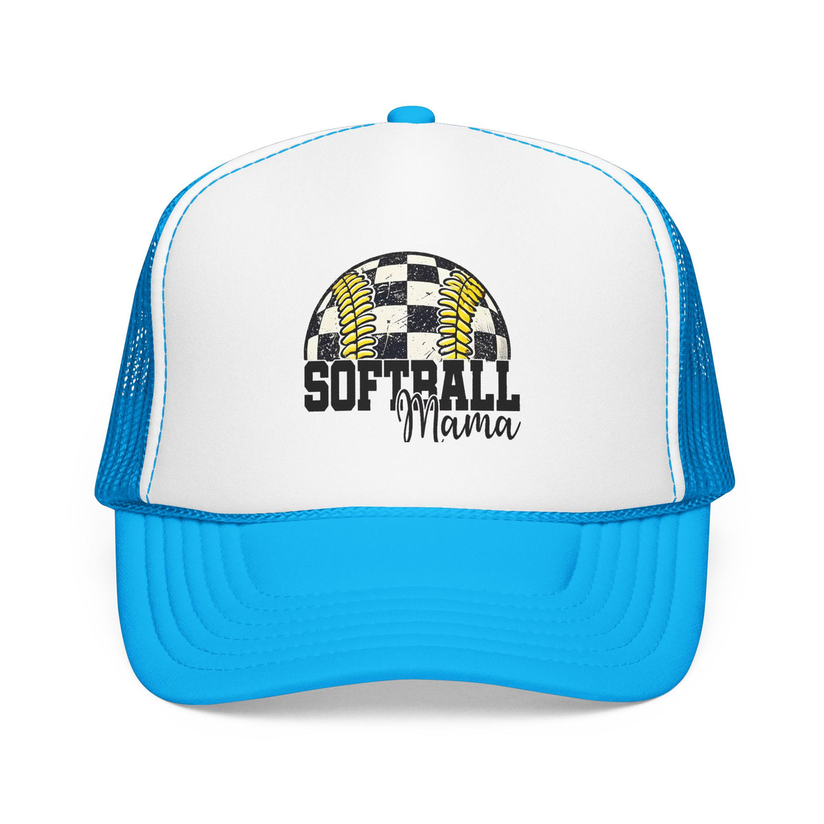 Softball Mama Trucker Hat — Checkered Softball Foam Cap for Baseball Moms