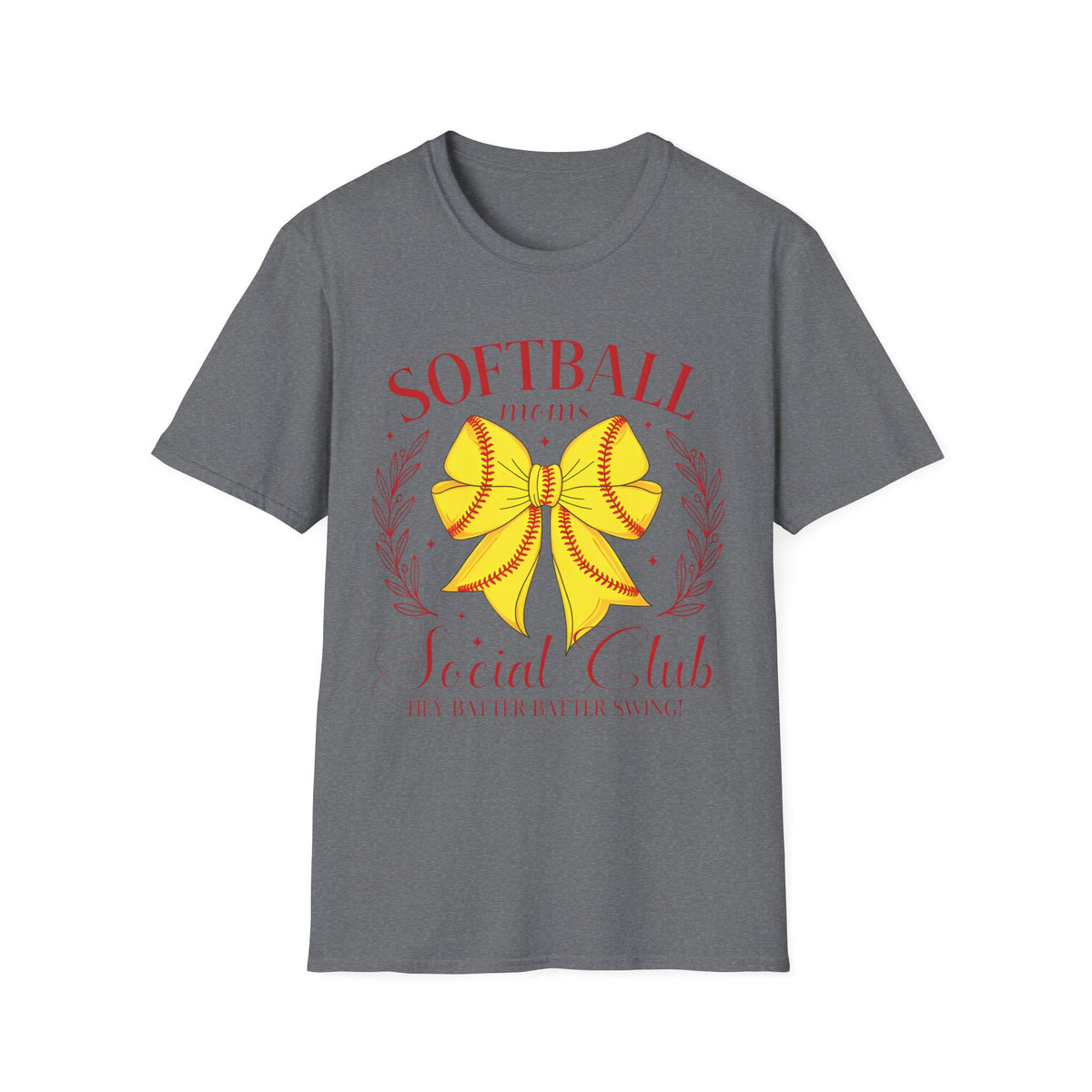 Softball Mom T-Shirt — Yellow Bow Baseball Stitch Design