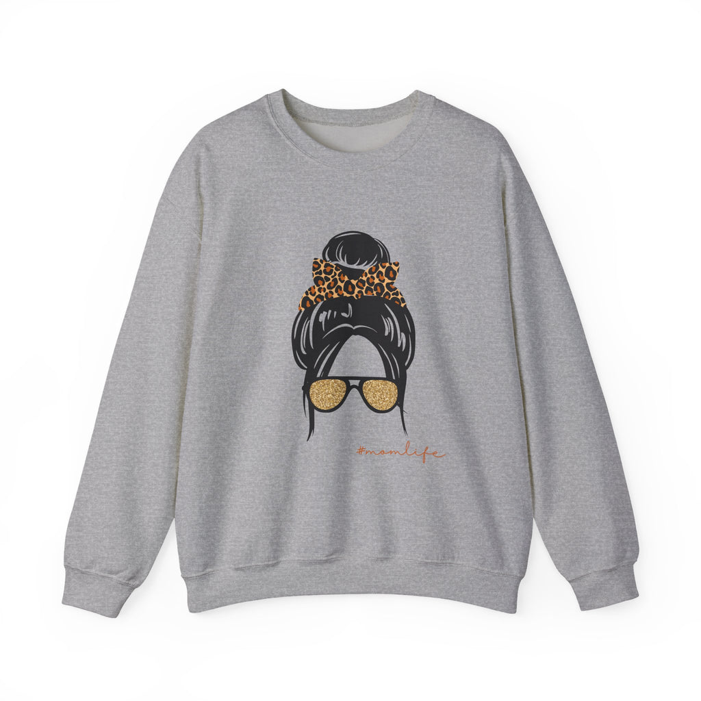 Crewneck Sweatshirt — Messy Bun with Leopard Scrunchie & Sunglasses “Mom Life” Graphic