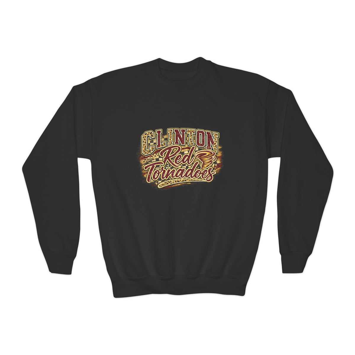 Youth Crewneck Sweatshirt - Clinton Red Tornadoes Vintage Script Graphic