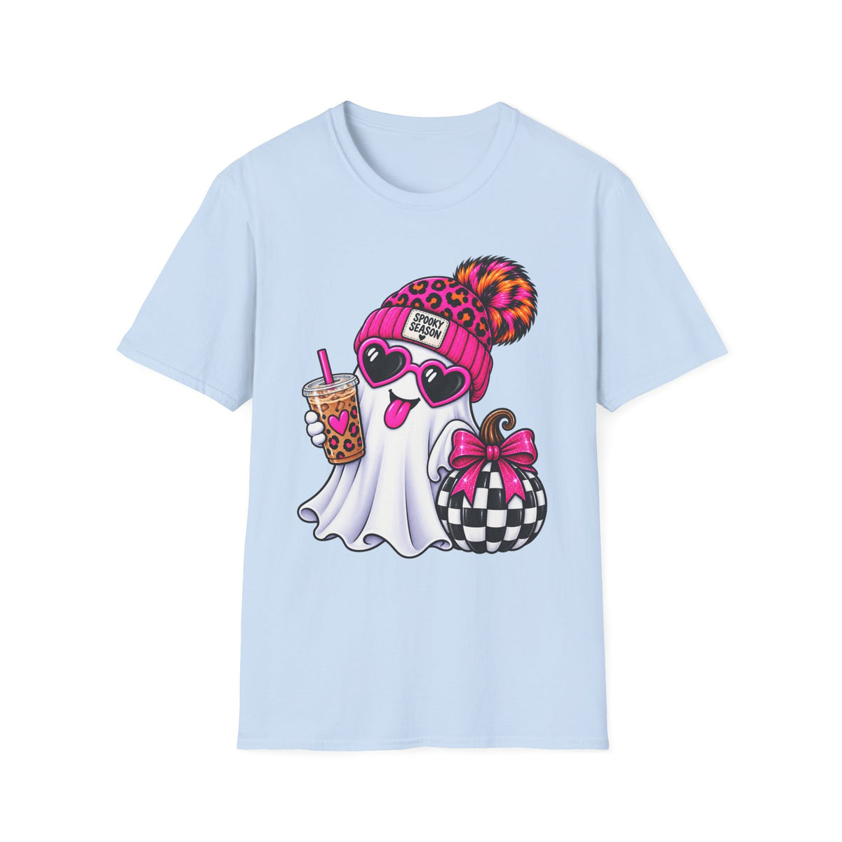 Spooky Season Ghost Tee — Cute Pink Beanie & Boba Halloween T-Shirt