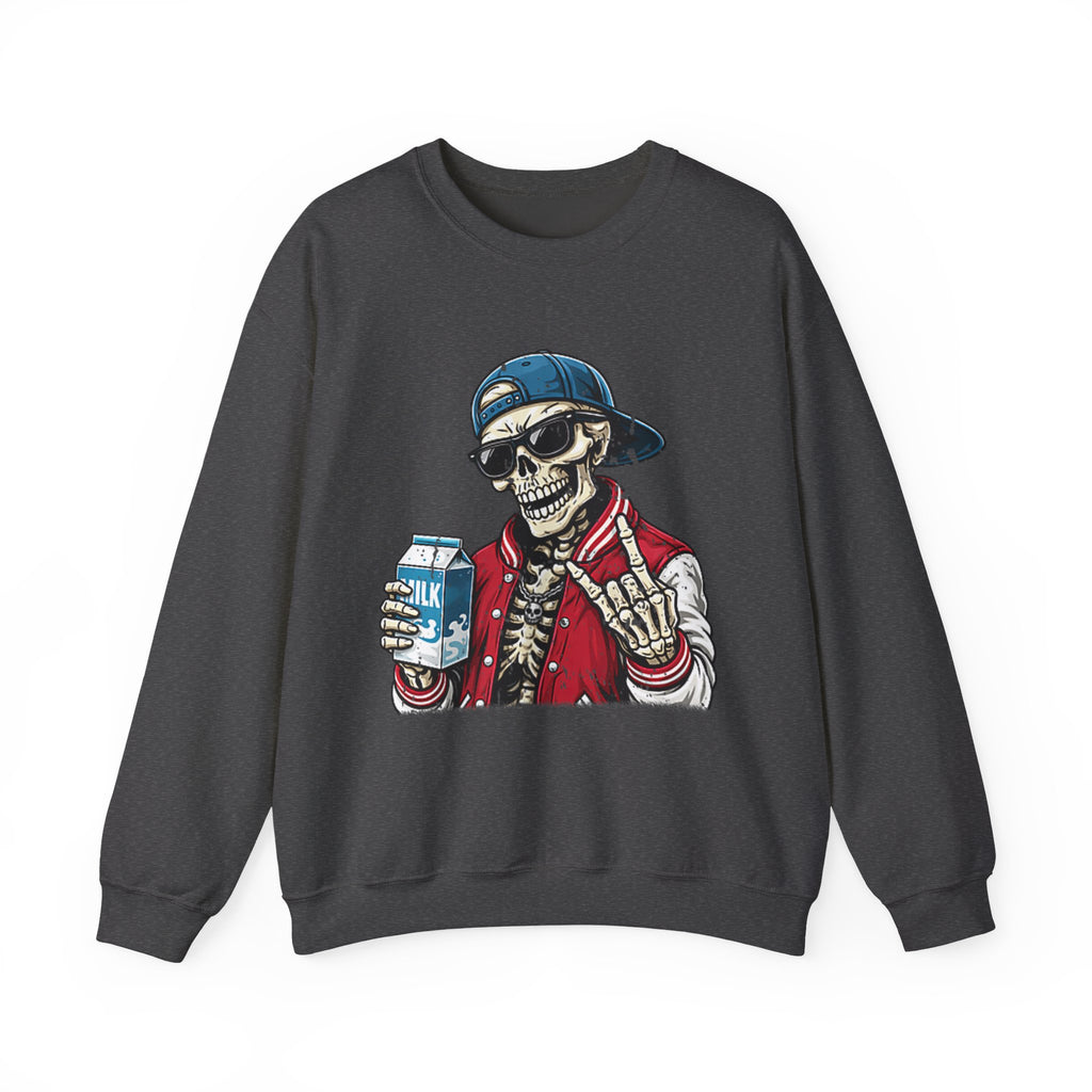 Skull Milk Crewneck Sweatshirt — Retro Skateboarding Skeleton Design