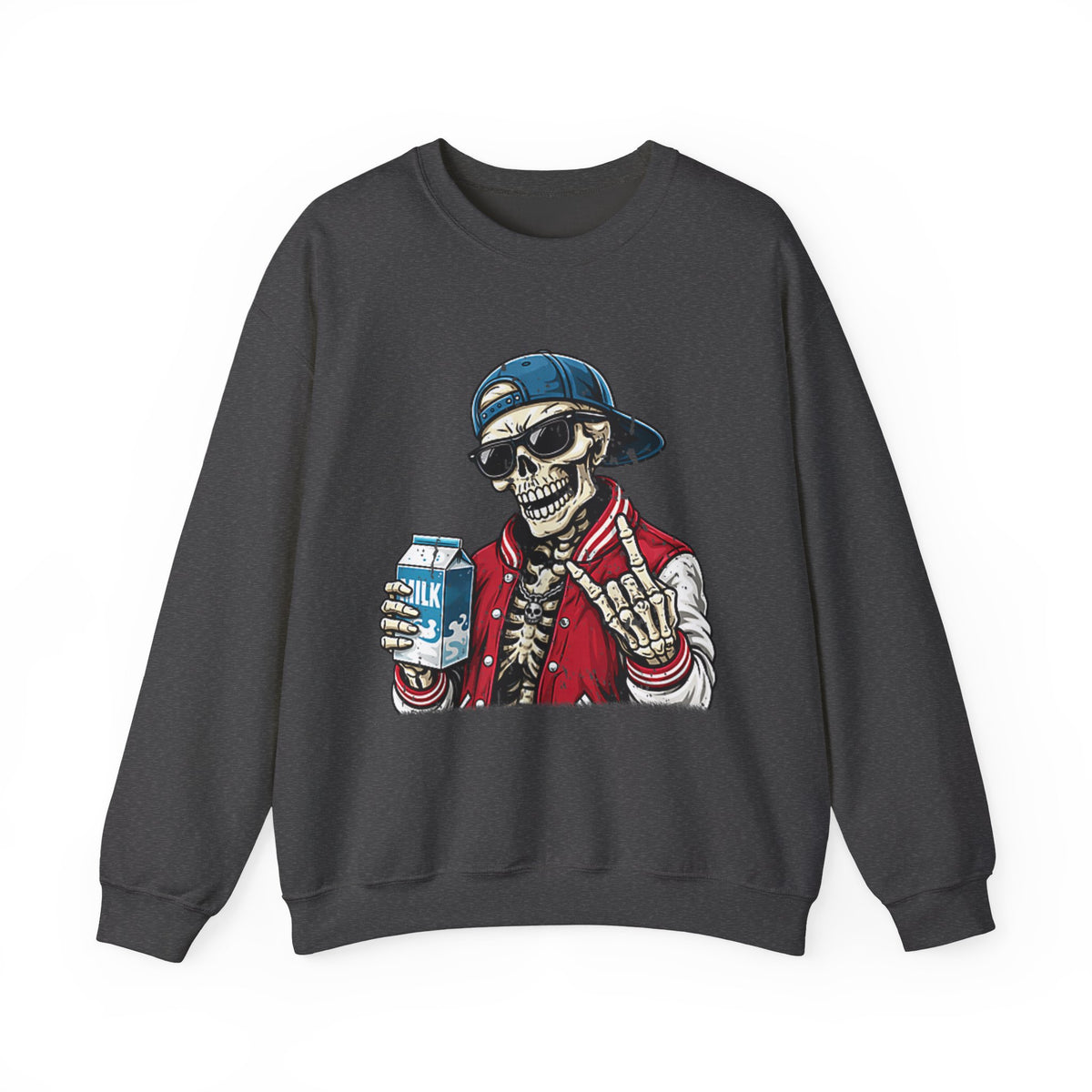 Skull Milk Crewneck Sweatshirt — Retro Skateboarding Skeleton Design