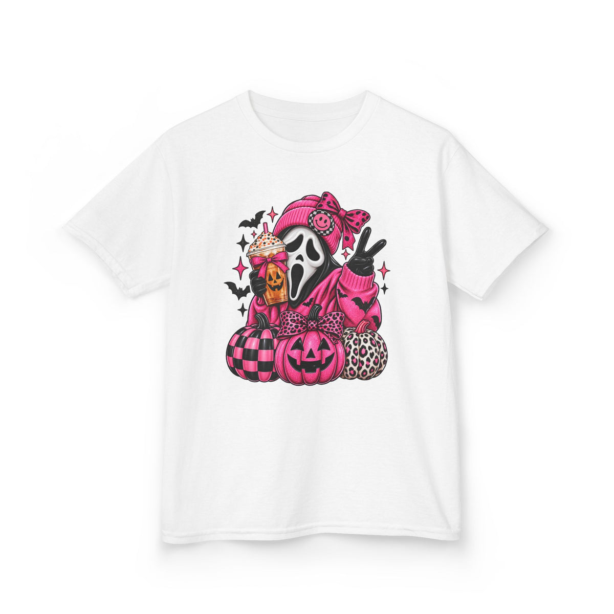 Kids Halloween Scream Mask Tee — Pink Cute Ghost Pumpkin Graphic Shirt