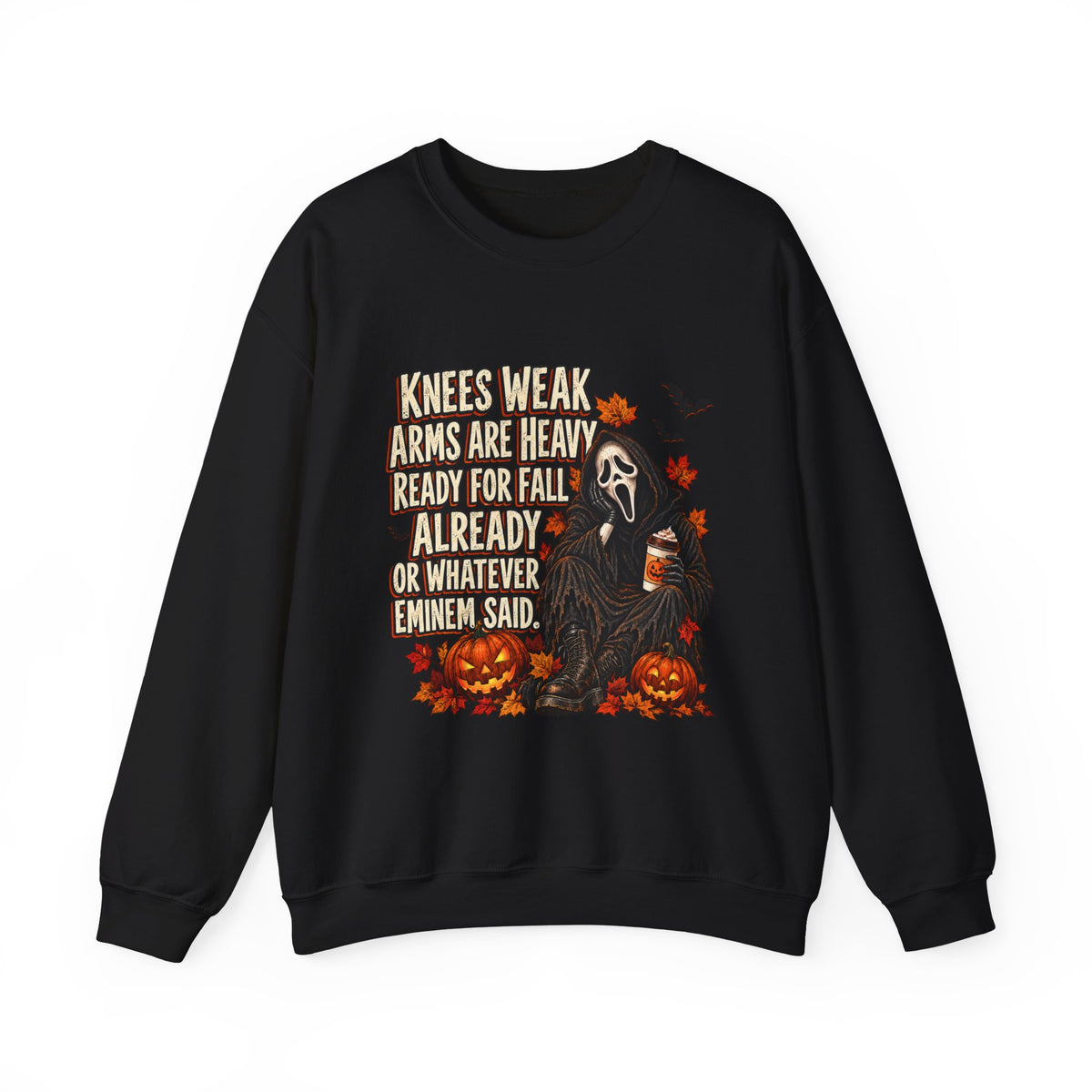 Fall Horror Crewneck Sweatshirt — “Knees Weak Arms Are Heavy Ready For Fall” Halloween Graphic