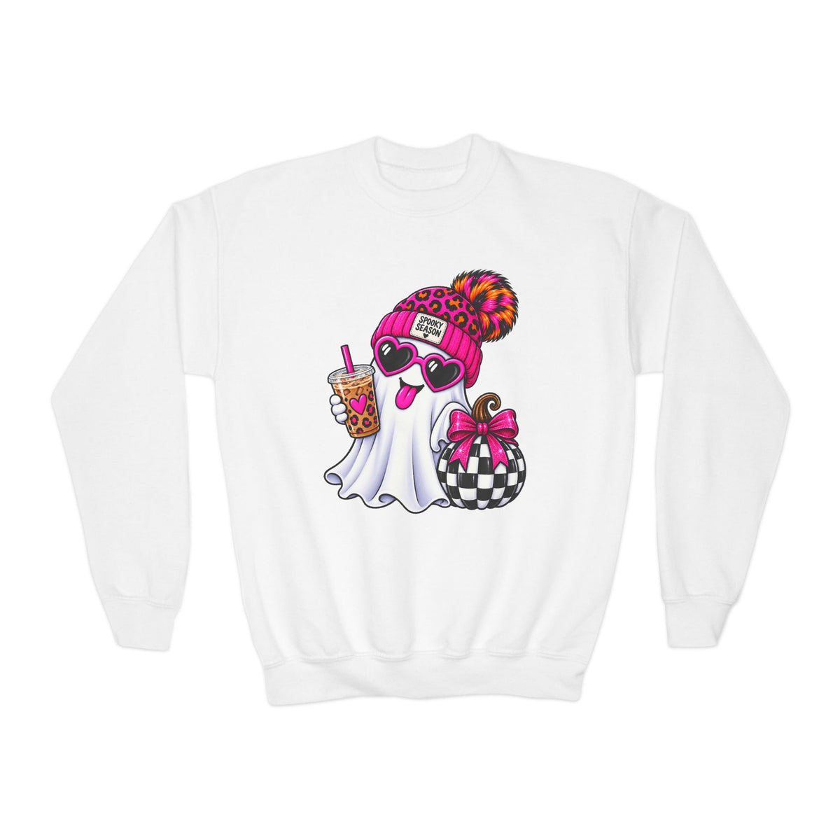 Cute Halloween Youth Crewneck Sweatshirt — Pink Beanie, Heart Sunglasses & Boba Teen Ghost Pullover