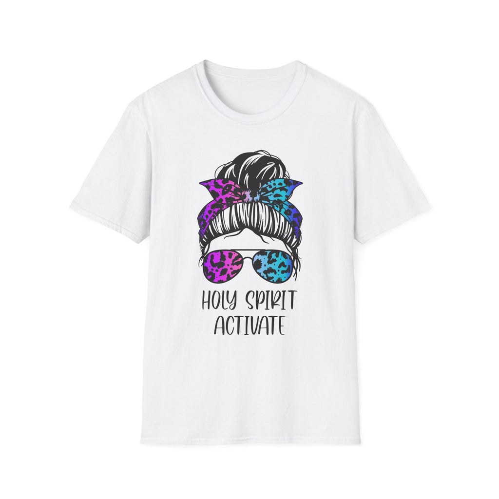 T-Shirt — Holy Spirit Activate Messy Bun Graphic Tee (Leopard Bow & Sunglasses)