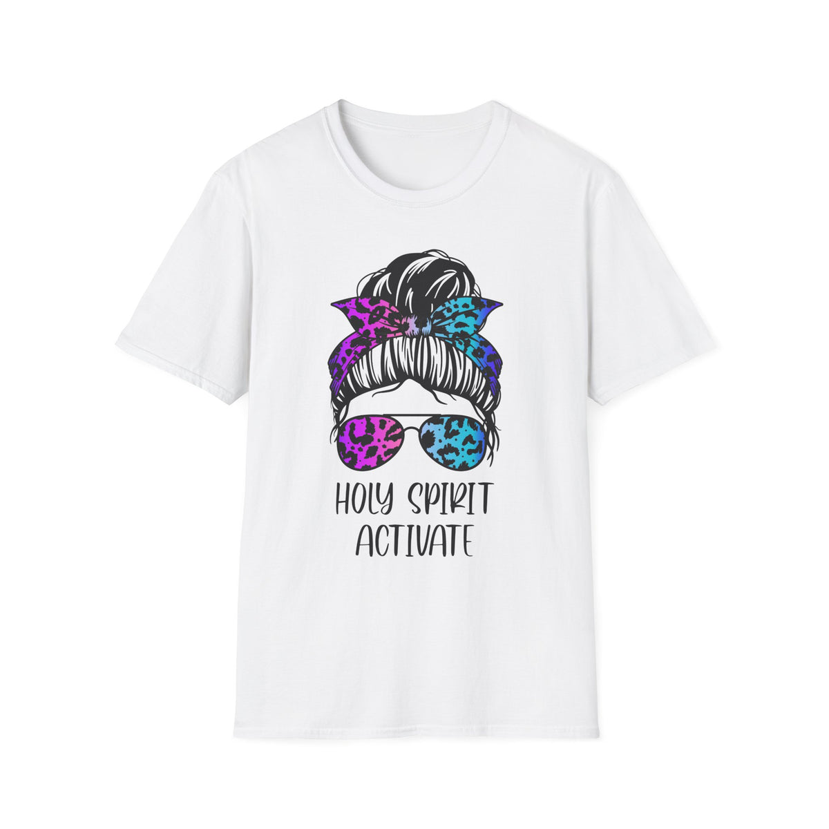 T-Shirt — Holy Spirit Activate Messy Bun Graphic Tee (Leopard Bow & Sunglasses)
