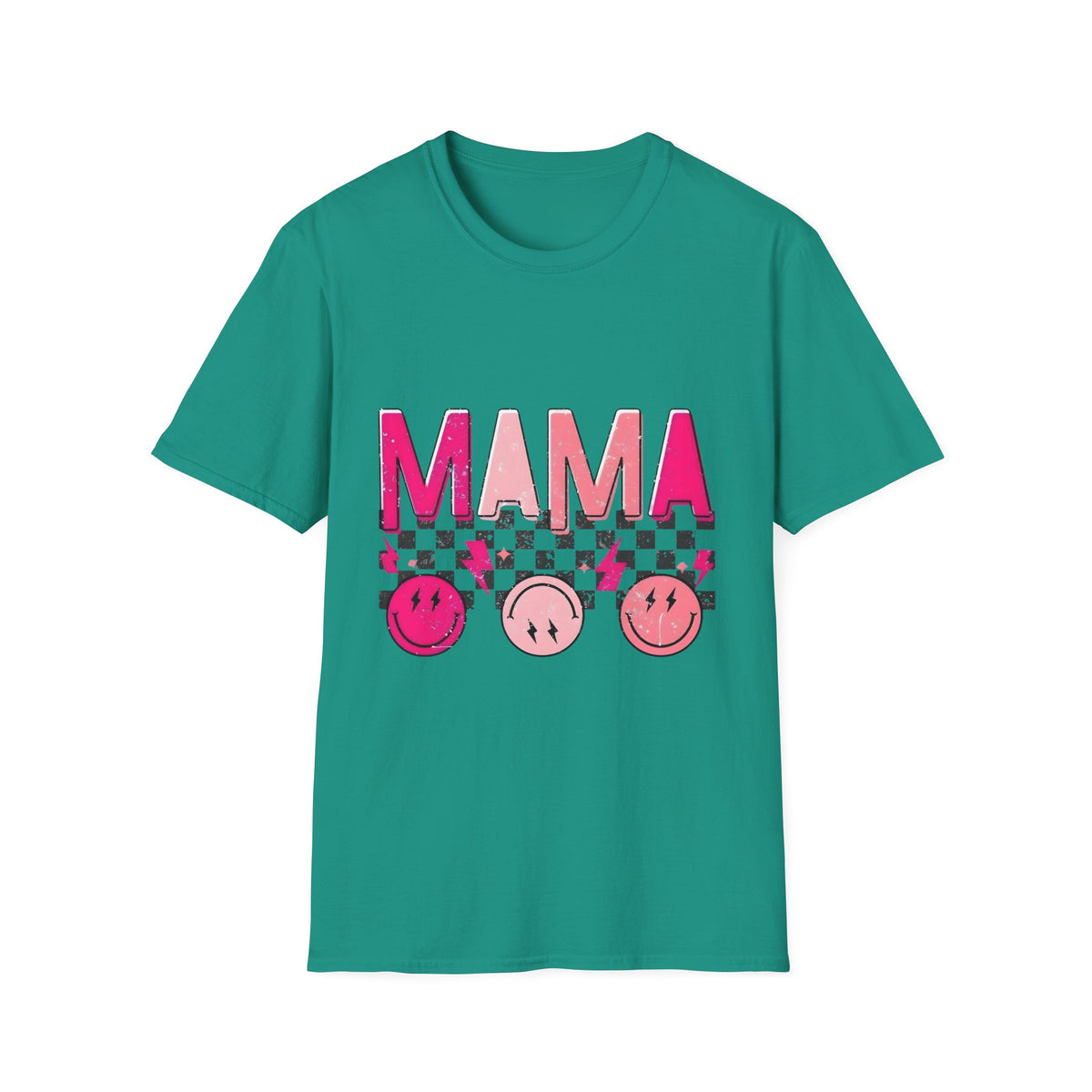 Mama Graphic T-Shirt — Pink Checkerboard Smiley Design