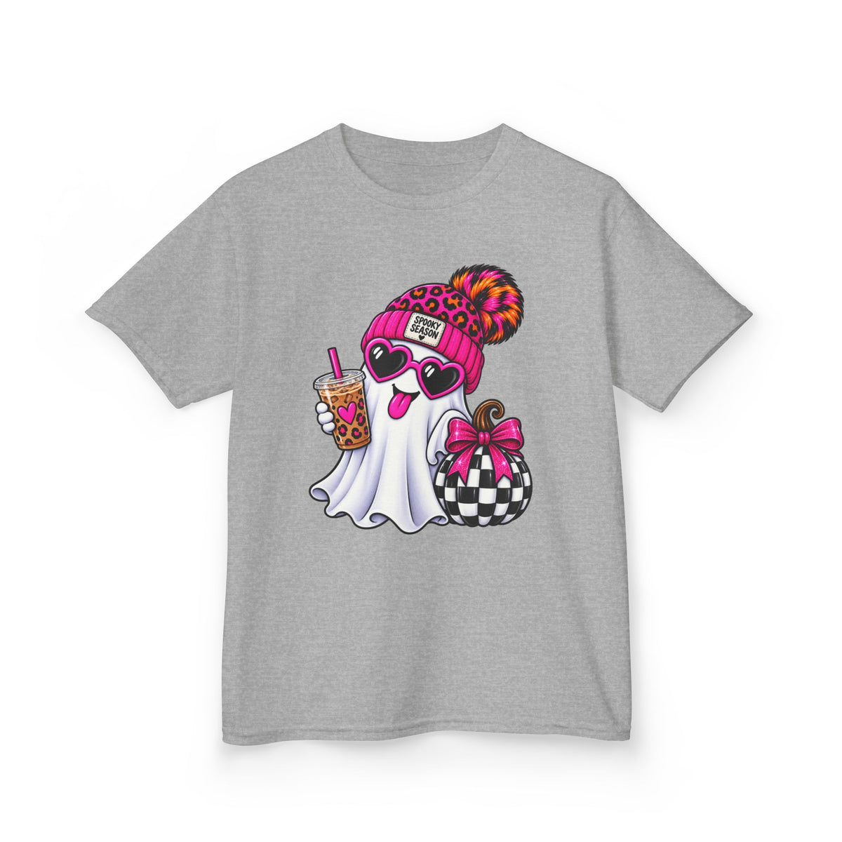 Kids Tee — Cute Halloween Ghost with Leopard Beanie, Boba & Gift