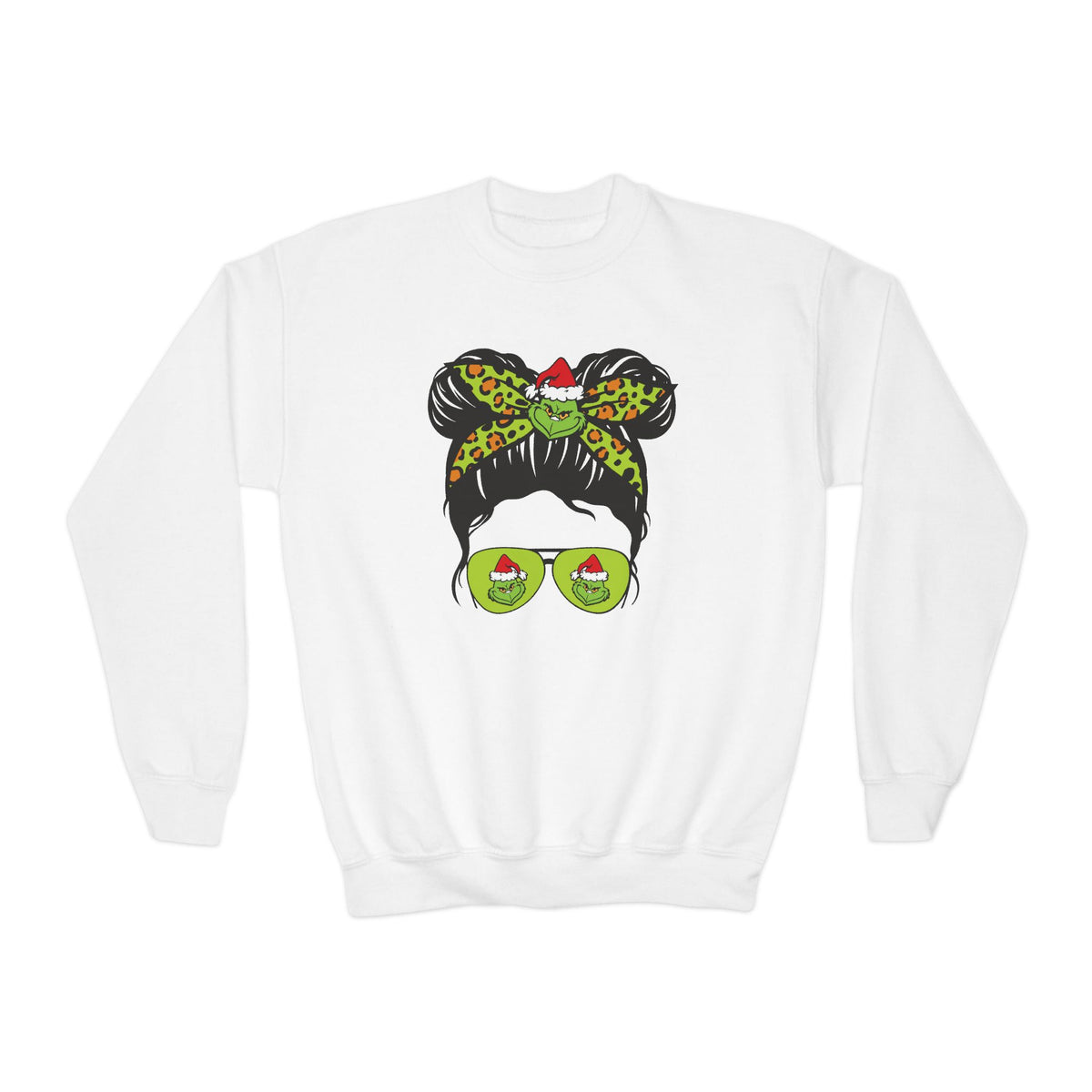Youth Sweatshirt — Festive Grinch Sunglasses Holiday Crewneck