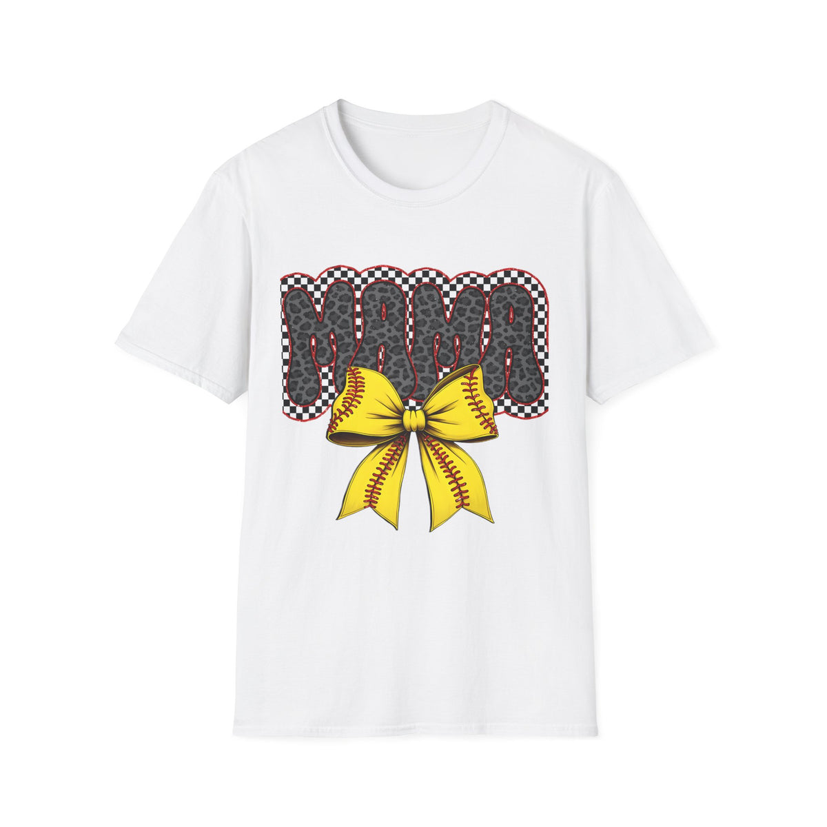 Mama Softball Tee — 'MAMA' Leopard Print with Yellow Stitch Bow