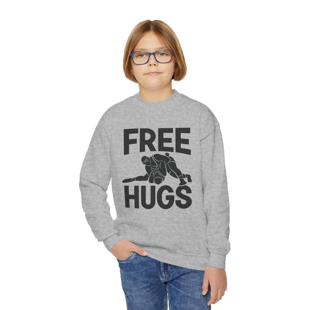 Youth Crewneck Sweatshirt — "FREE HUGS" Wrestling Graphic