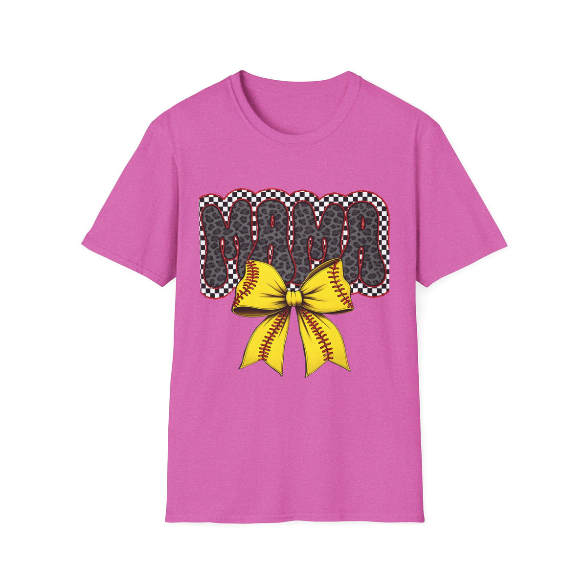 Mama Softball Tee — 'MAMA' Leopard Print with Yellow Stitch Bow