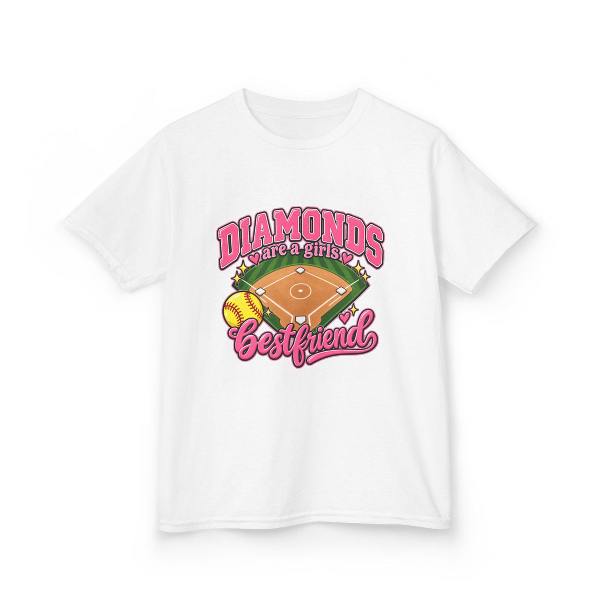 Kids Baseball Tee — "Diamonds Are My Bestfriend" Pink Softball Field Design