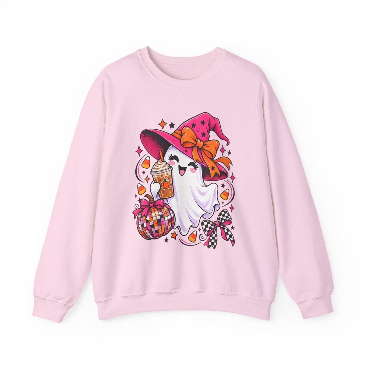 Cute Halloween Ghost Sweatshirt – Witch Hat, Pumpkin & Cozy Fall Sweets Design