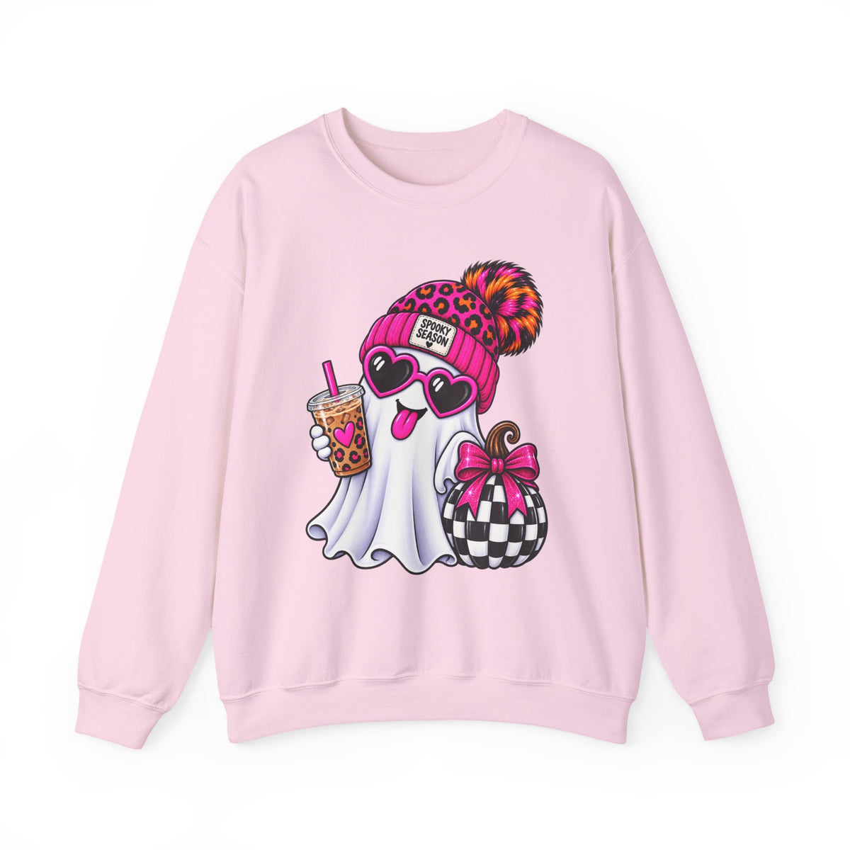Ghost with Boba & Bow Sweatshirt — Cute Pink Leopard Beanie Halloween Crewneck