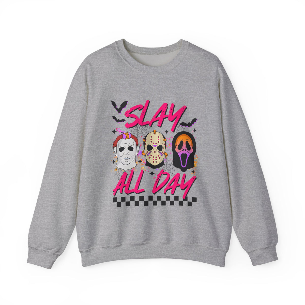 Slay All Day Crewneck Sweatshirt — Retro Horror Mask Graphic