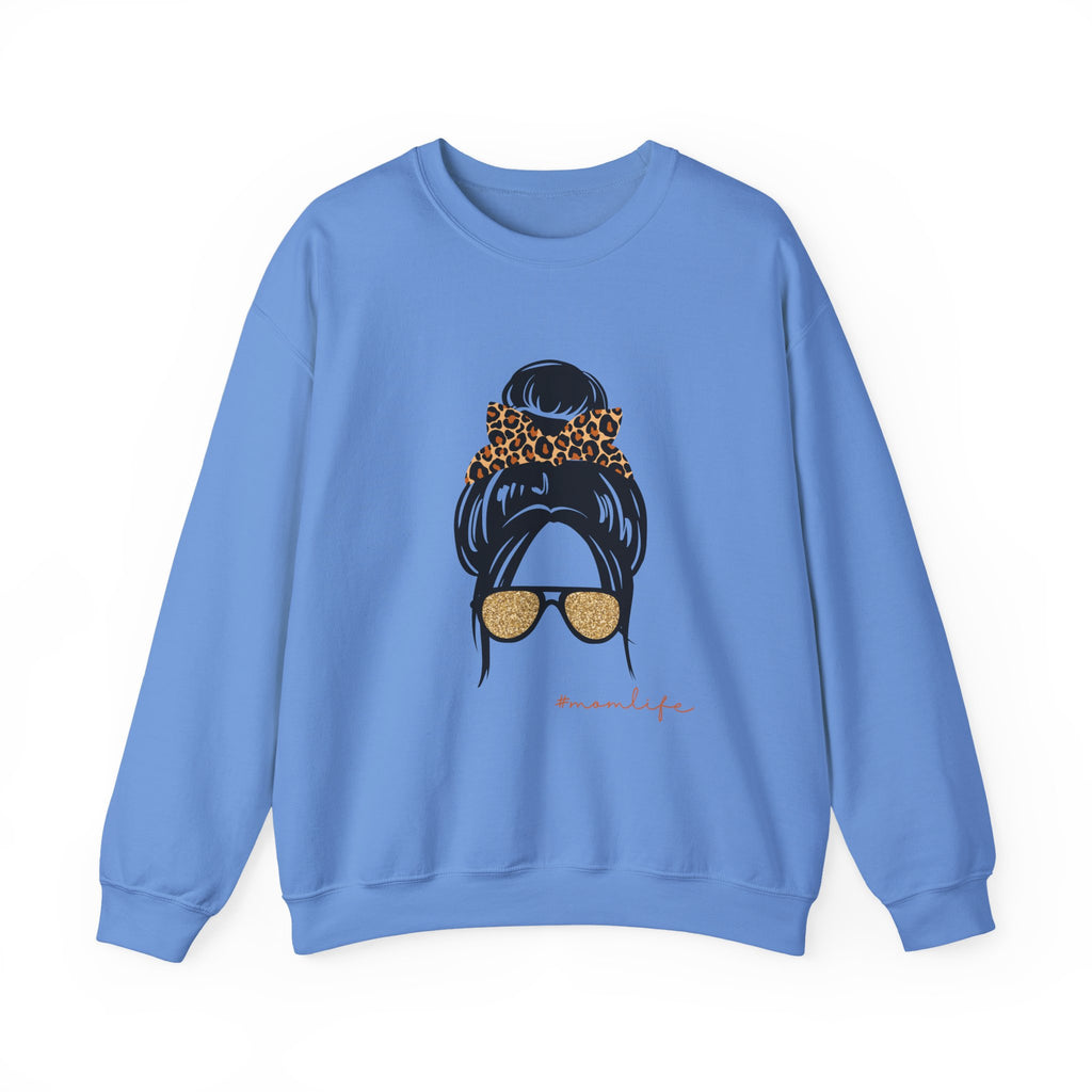Crewneck Sweatshirt — Messy Bun with Leopard Scrunchie & Sunglasses “Mom Life” Graphic