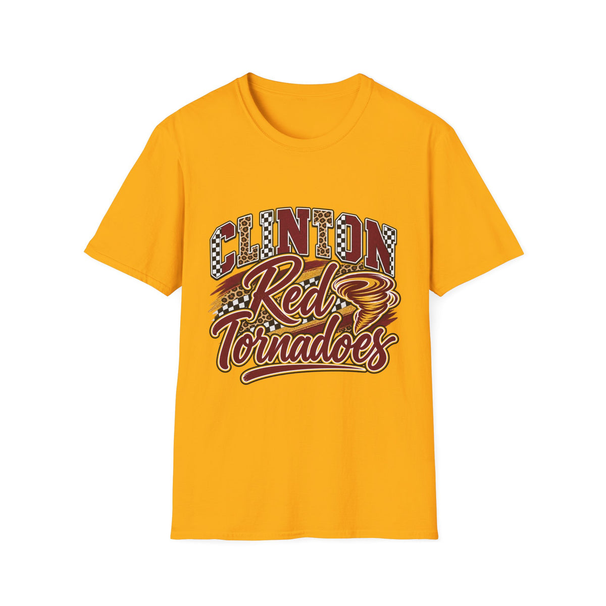 Clinton Reds Tornadoes Graphic T-Shirt — Leopard & Checker Retro School Spirit Tee