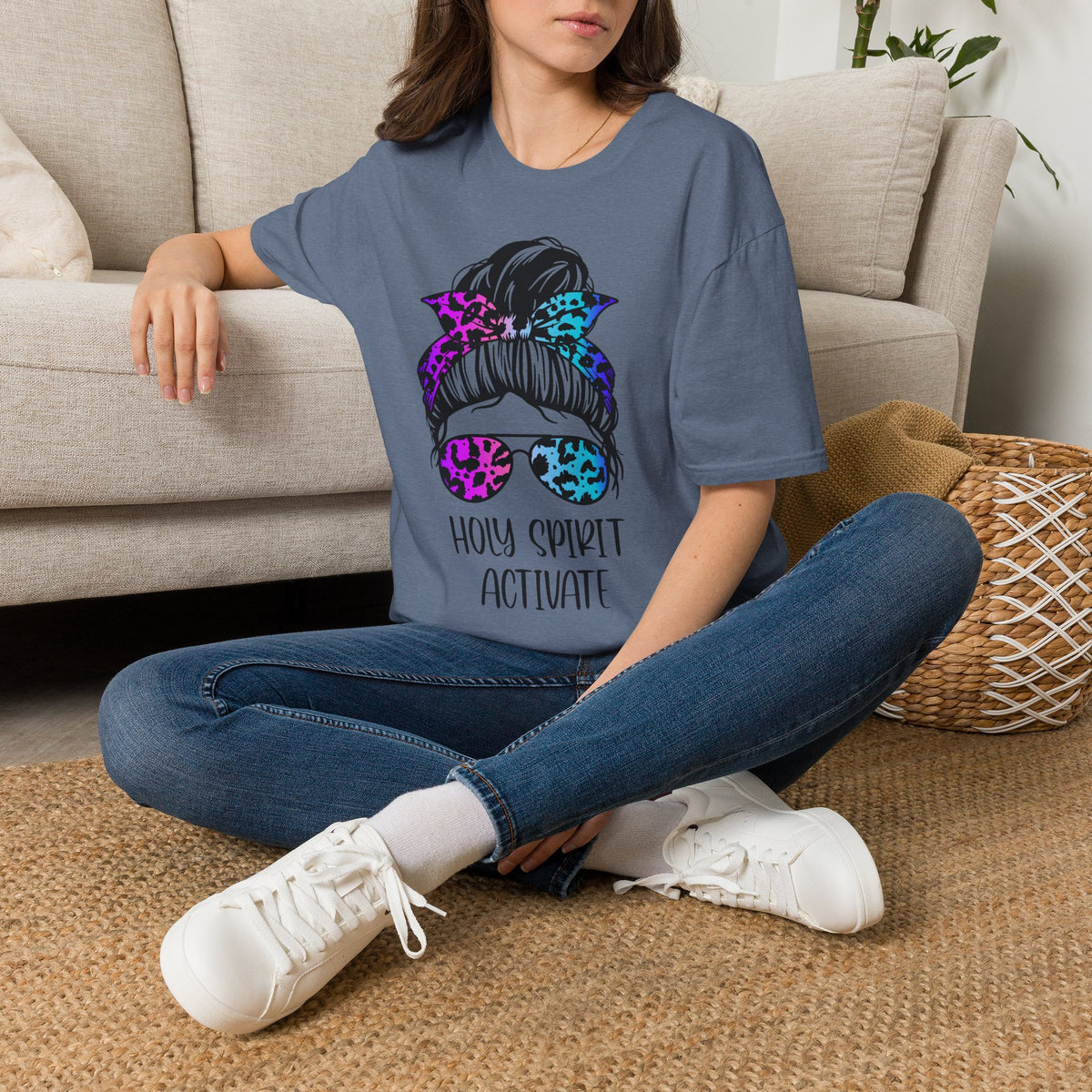 T-Shirt — Holy Spirit Activate Messy Bun Graphic Tee (Leopard Bow & Sunglasses)