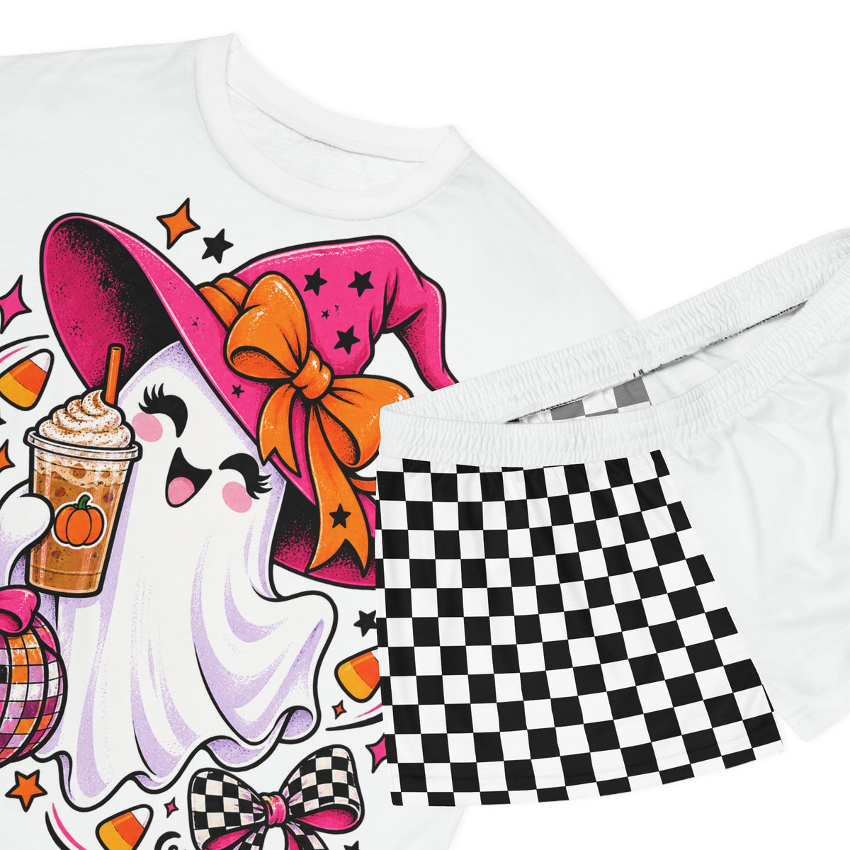 Cute Halloween Ghost Pajama Set — Women's Short Sleepwear with Checkerboard Shorts