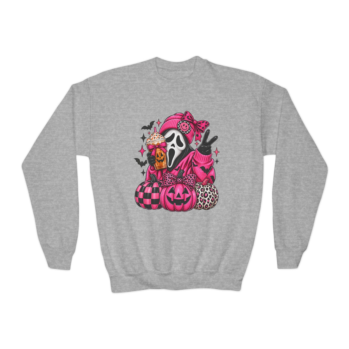 Youth Halloween Crewneck Sweatshirt - Pink Scream Mask Pumpkin Design