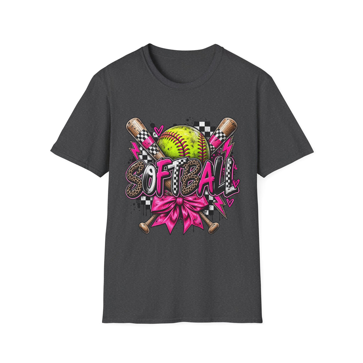 Softball Graphic Tee — Neon Softball, Bats & Bow Design