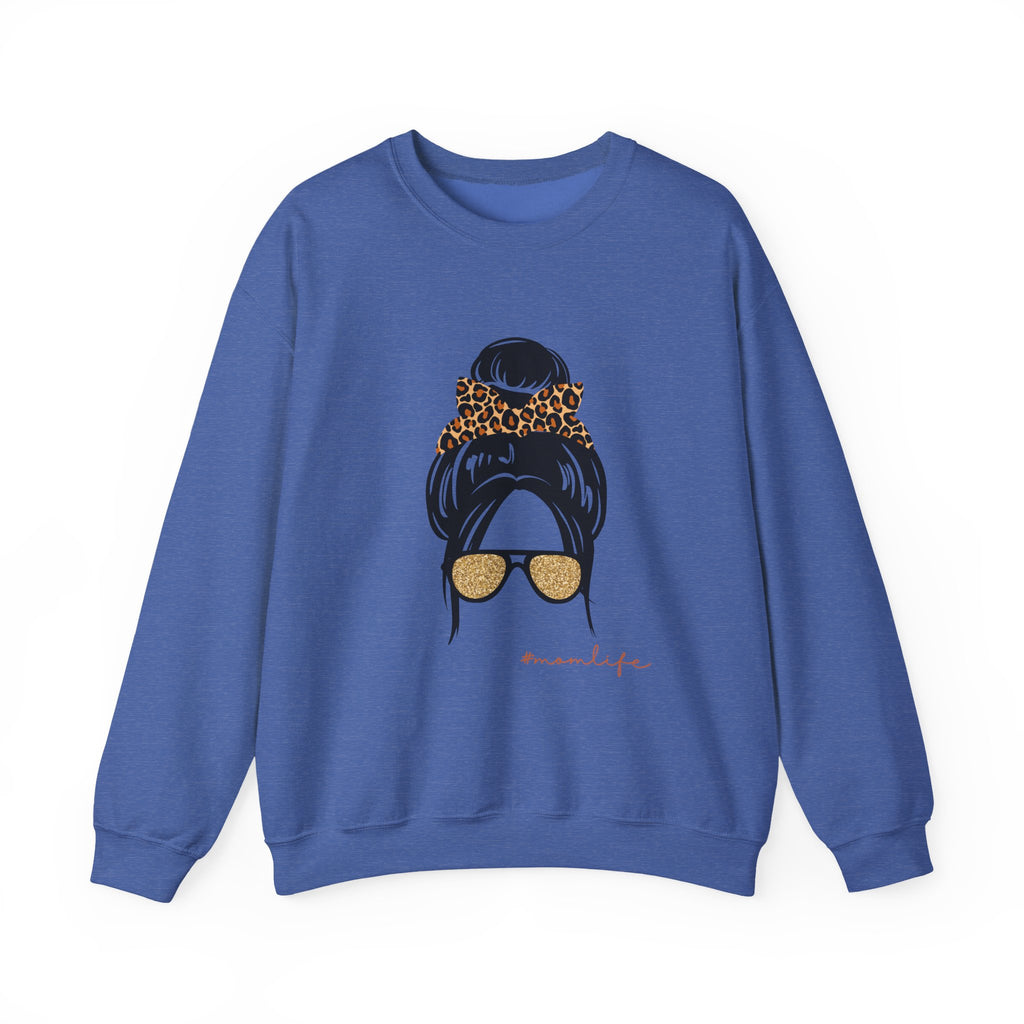 Crewneck Sweatshirt — Messy Bun with Leopard Scrunchie & Sunglasses “Mom Life” Graphic