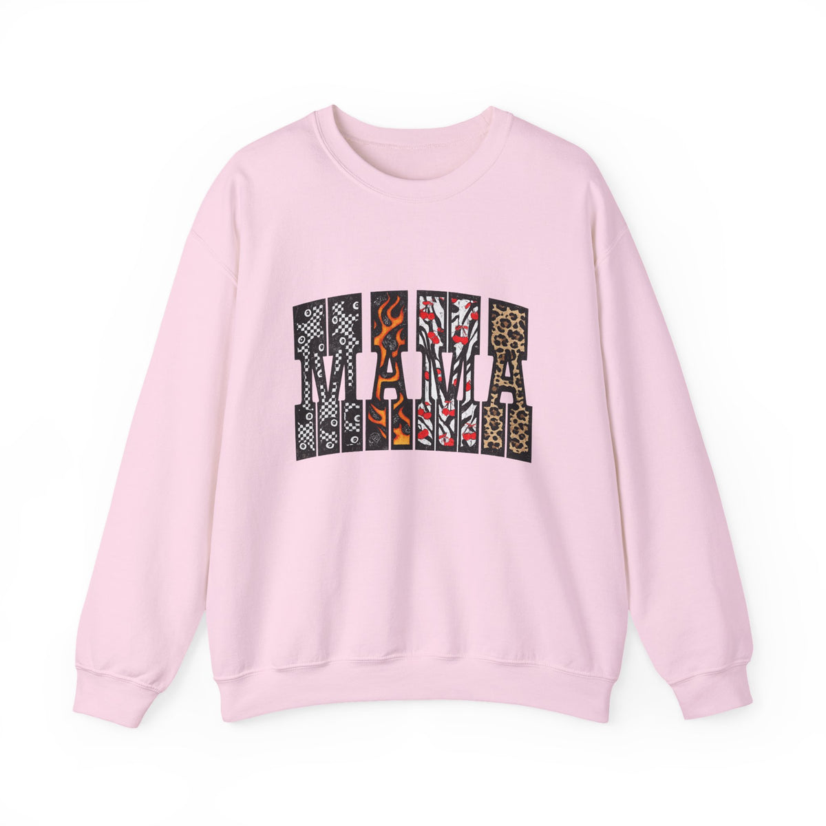 Mama Patchwork Crewneck Sweatshirt — White Graphic "MAMA" Patterned Pullover