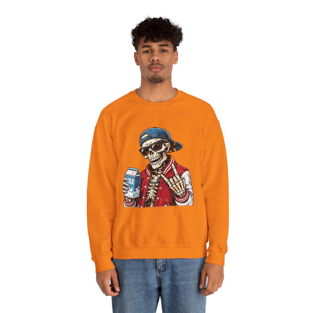 Skull Milk Crewneck Sweatshirt — Retro Skateboarding Skeleton Design