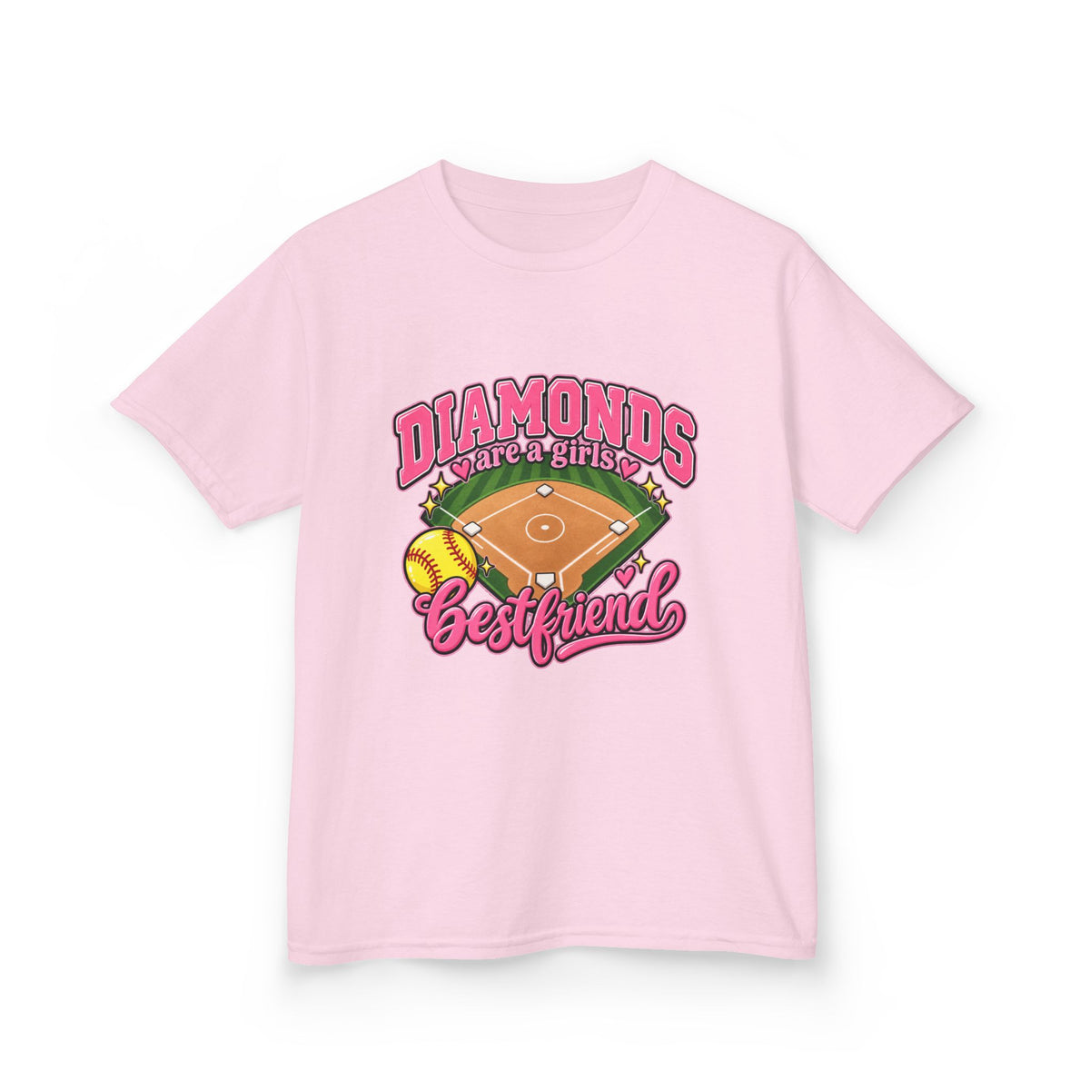 Kids Baseball Tee — "Diamonds Are My Bestfriend" Pink Softball Field Design