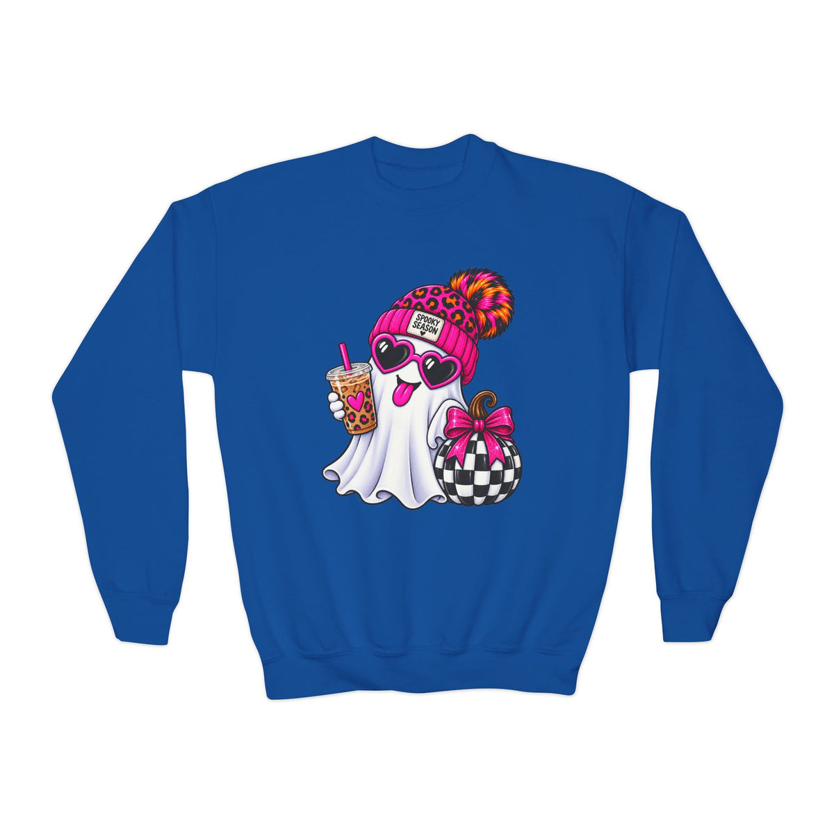 Cute Halloween Youth Crewneck Sweatshirt — Pink Beanie, Heart Sunglasses & Boba Teen Ghost Pullover