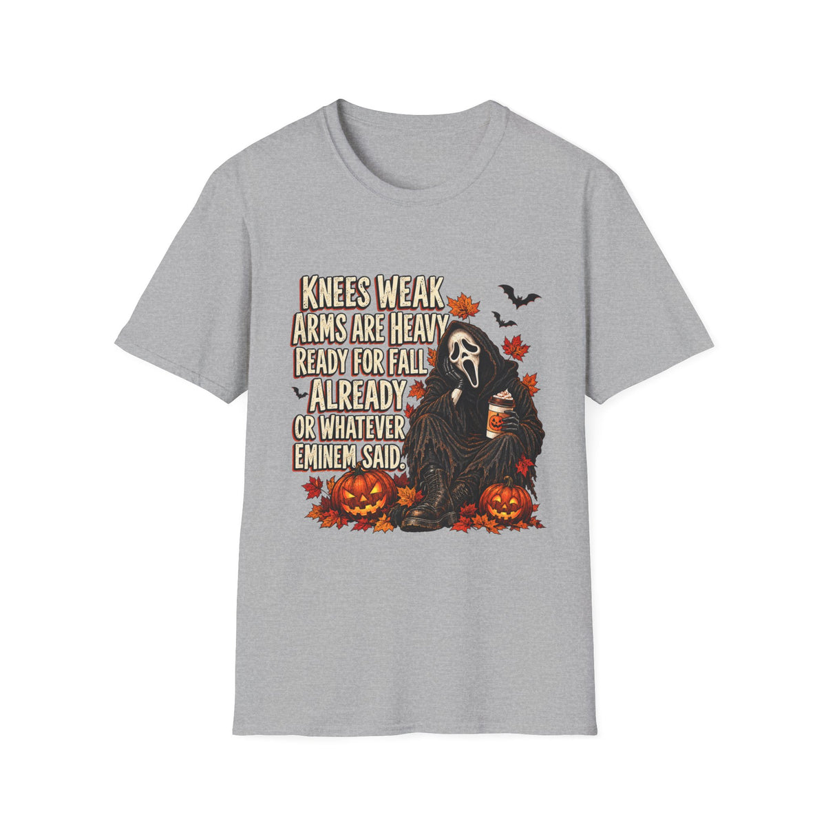 Knees Weak Arms Are Heavy Ready for Fall Already T-Shirt — Funny Halloween Pumpkin & Scream Mask Tee