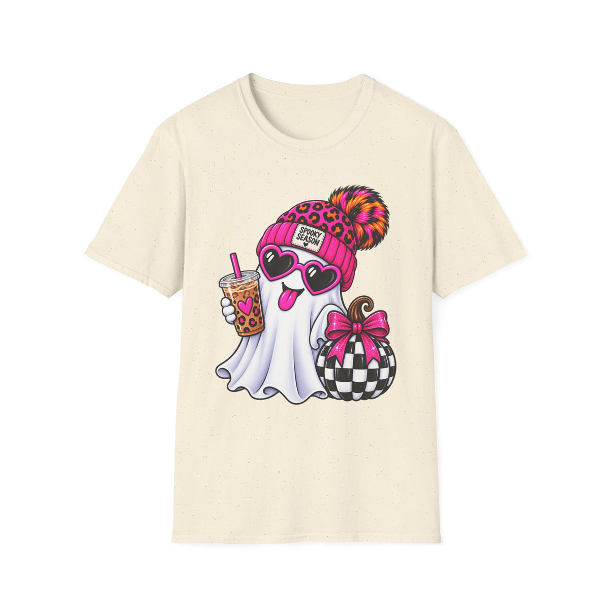 Spooky Season Ghost Tee — Cute Pink Beanie & Boba Halloween T-Shirt