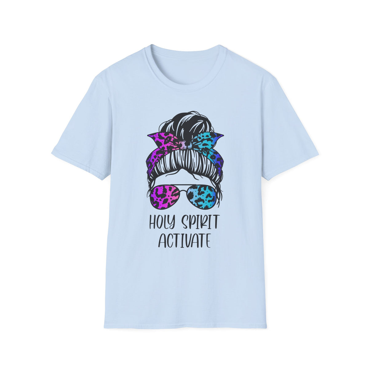 T-Shirt — Holy Spirit Activate Messy Bun Graphic Tee (Leopard Bow & Sunglasses)