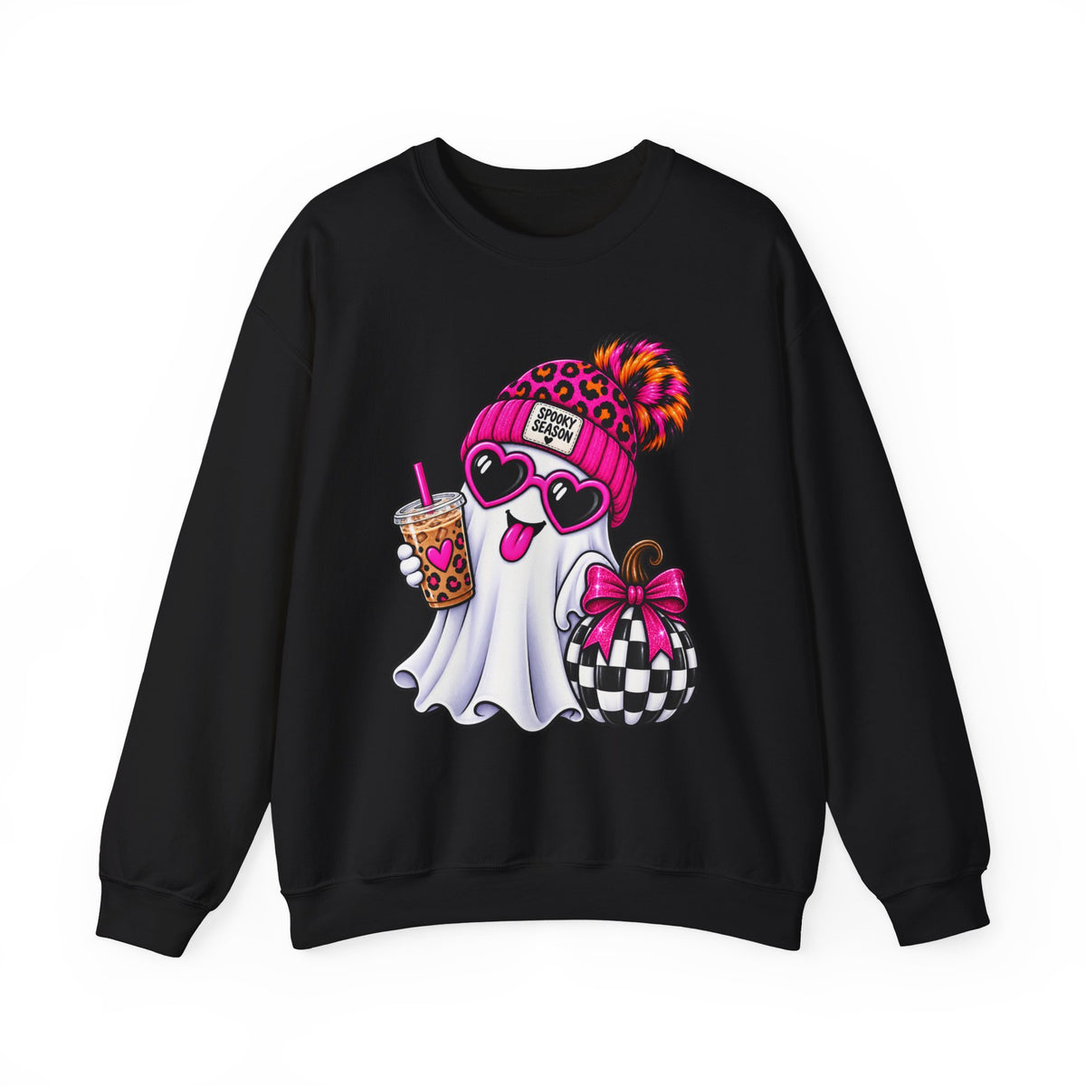 Ghost with Boba & Bow Sweatshirt — Cute Pink Leopard Beanie Halloween Crewneck