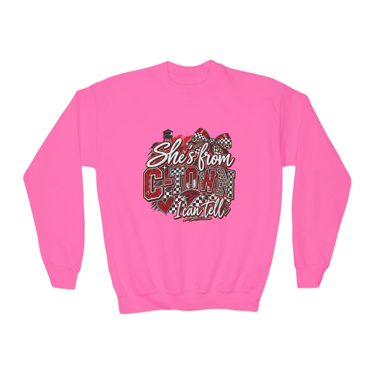 Youth Crewneck Sweatshirt - "She's From C-town I Can Tell" Leopard Plaid Graphic