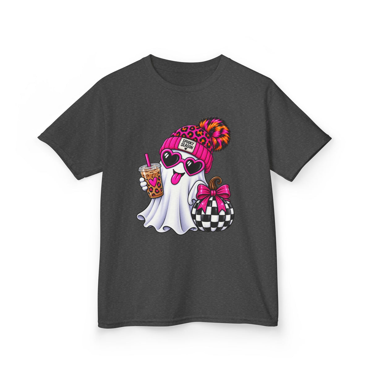 Kids Tee — Cute Halloween Ghost with Leopard Beanie, Boba & Gift