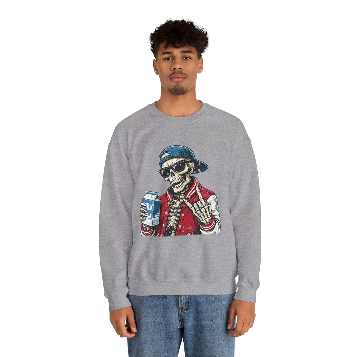 Skull Milk Crewneck Sweatshirt — Retro Skateboarding Skeleton Design