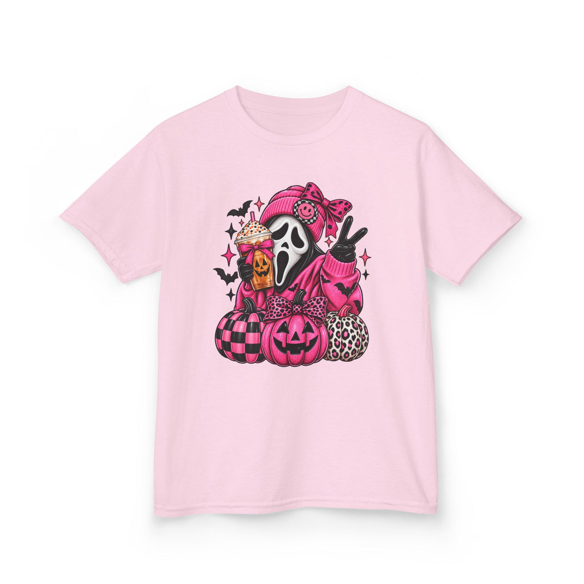 Kids Halloween Scream Mask Tee — Pink Cute Ghost Pumpkin Graphic Shirt