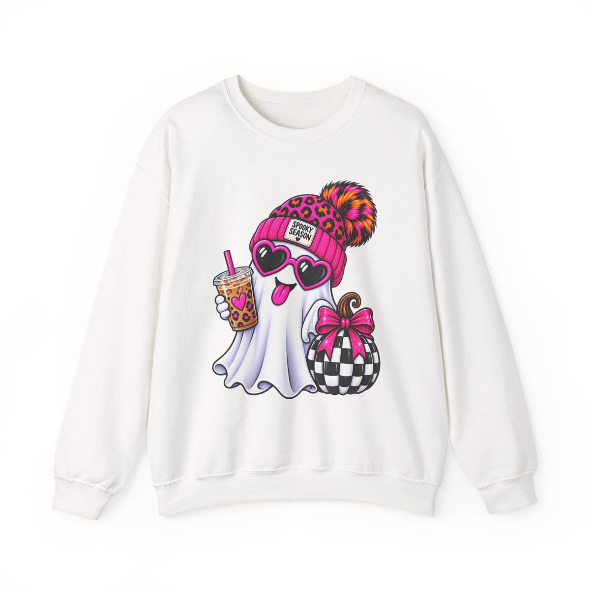 Ghost with Boba & Bow Sweatshirt — Cute Pink Leopard Beanie Halloween Crewneck