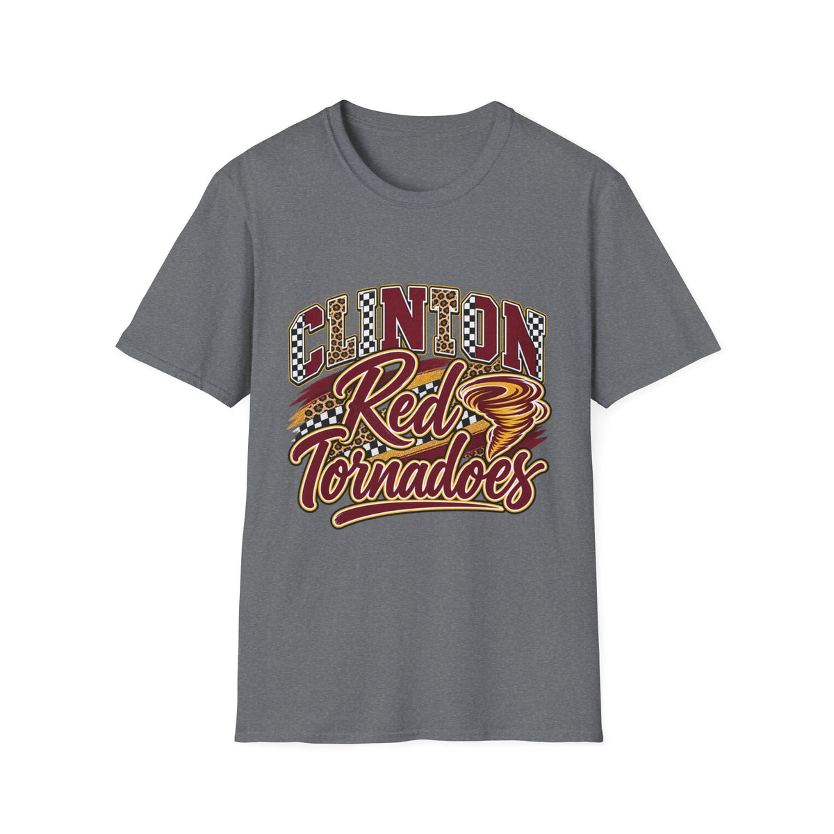 Clinton Reds Tornadoes Graphic T-Shirt — Leopard & Checker Retro School Spirit Tee